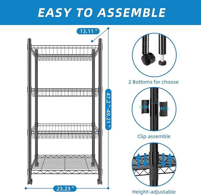 Guan River 4 Tier Wire Shelving Wire Basket Shelf Storage Cart Adjustable Metal Shelf 2 Bottoms for Choose(Castor or Leveling Feet) for Office,Kitchen,Bedroom,Black(23.23" L x 13.11" W x 49.21" H)