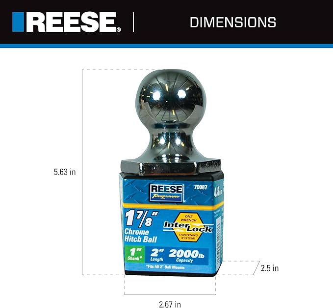 Reese Towpower 7008700 Interlock Trailer Hitch Ball, 1-7/8 Inch Diameter, 2,000 lbs. Capacity, 1 Inch Shank Diameter, 2-1/8 Inch Shank Length
