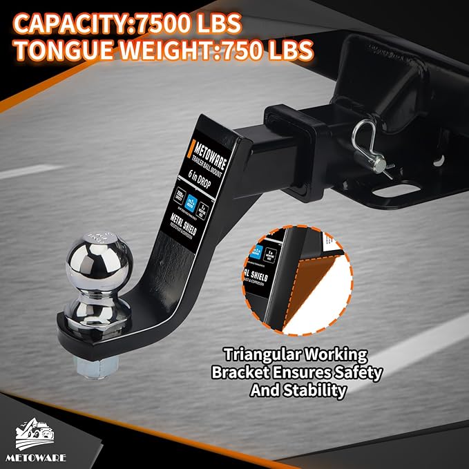 METOWARE Trailer Hitch Ball Mount with 2-Inch Ball & 5/8" Hitch Pin Clip, Fits 2-Inch Receiver, 6-Inch Drop, 7500 lbs Capacity Ball Hitch, Black