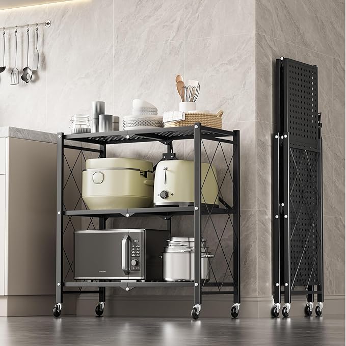 Simple Deluxe 3-Tier Folding Storage Shelves, 27.95" W x 14.96" D x 34.25" H Foldable Shelving Unit, 750 Lbs Loading Capacity, Black