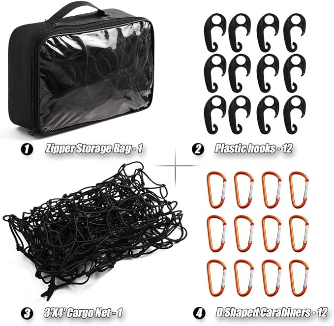 CZC AUTO Bungee Cargo Net 3x4Ft Truck Bed Net Stretches to 6x8Ft for Pickup Trailer RV SUV Boat |3x3Inch Mesh Net Holds Small and Large|12 Tangle Free Carabiners & 12 Plastic Hooks|Super Duty