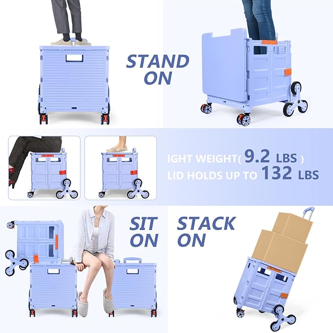 Foldable Utility Cart Folding Portable Rolling Crate with Magnetic Extended Lid,360°Rotate Wheels,176LBS Load Capacity,Heavy Duty Durable Dolly Cart(Blue)