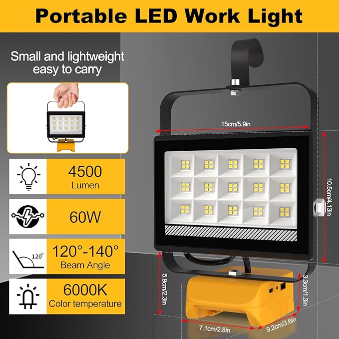 T-SUN 60W 2Pack Work Light, Cordless LED Flash Light Compatible with Dewalt 18V/20V Battery, with USB & Type C Charging Port, Work Light for Garage, Car Repair, Emergency and Job Site