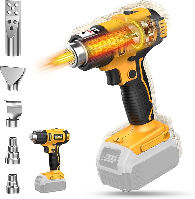 LIVOWALNY Cordless Heat Gun Compatible with Dewalt 20v Battery (No Battery), 350W Fast Heating Soldering Hot Air Gun 122℉-1022℉ Variable Temperature Control with 5 Nozzles for DIY Craft, Shrink Tubing