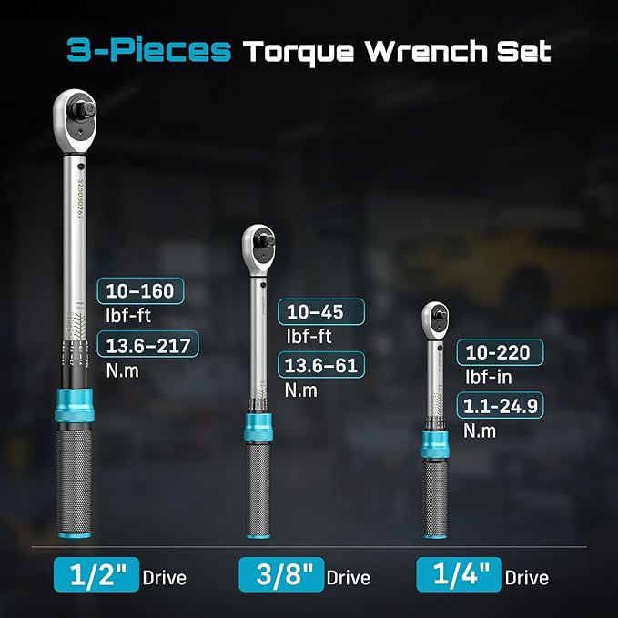Seesii Torque Wrench Set: 1/4 3/8 1/2-inch Drive Click Torque Wrench, 10-160in.lb, 10-45ft.lb, 10-220ft.lb with Adapters, ±3% Accuracy, 72-Tooth Dual-Scale for Bike Moto Car Maintenance