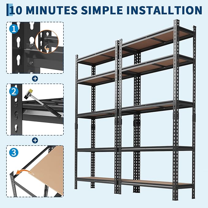 Storage Shelves 5 Tier Garage Shelving Heavy Duty Adjustable Metal Shelving Unit, Garage Shelves for Basement, Warehouse, Pantry, Closet, Kitchen 72" H x 35.5" W x 12" D, Black,4 Pack