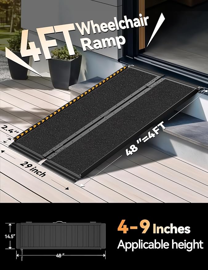 FACHNUO 4FT Wheelchair Ramp for Threshold 4-12 inches, Safe Use at Night Portable Threshold Ramps for Doorways, 800LBS Capacity, Non-Slip Durable Aluminum Alloy Folding Handicap Ramp for Home Steps