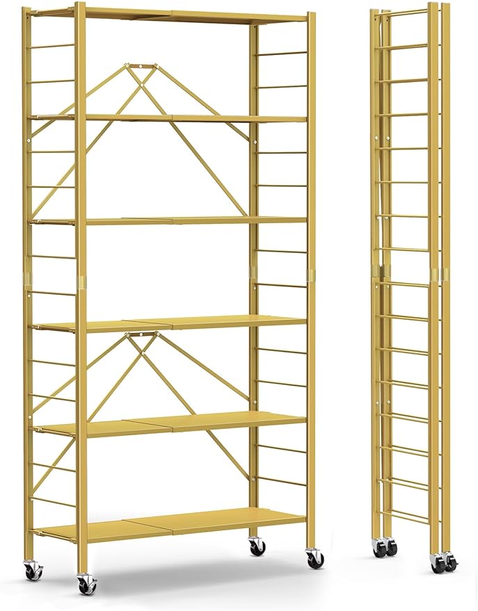 Himix 6 Tier Foldable Storage Shelves, Expandable Folding Bookshelf with Wheels, Changeable into 2 Shelf Units, Collapsible Adjustable Storage Rack Metal Shelves for Garage Kitchen, Basement, Gold