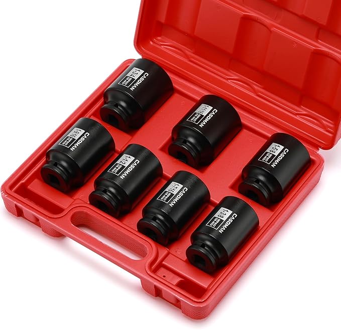 CASOMAN 1/2-Inch Drive Deep Spindle Axle Nut Impact Socket Set, Inch, Cr-Mo, 6-Point, 1-3/8-Inch - 1-3/4-Inch, 7 Piece Axle Socket Set