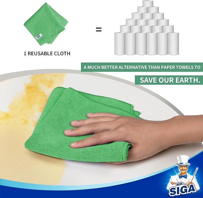 MR.SIGA Microfiber Cleaning Cloths, All-Purpose Microfiber Towels, Streak Free Cleaning Rags, Pack of 12, Green, Size 32 x 32 cm(12.6 x 12.6 inch)
