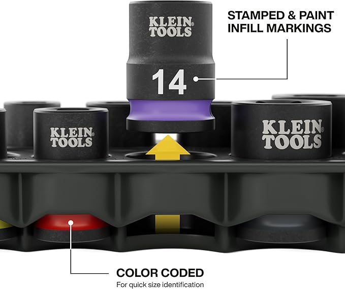 Klein Tools 33809M Grab-And-Go Impact Socket Set, Metric, 10-Piece Set with Sleeve, Carabiner, 3/8-Inch Drive, Color-Coded 8 mm, 10 mm, 12 mm, 13 mm, 14 mm, 15 mm, 17 mm, 18 mm, 19 mm Sockets