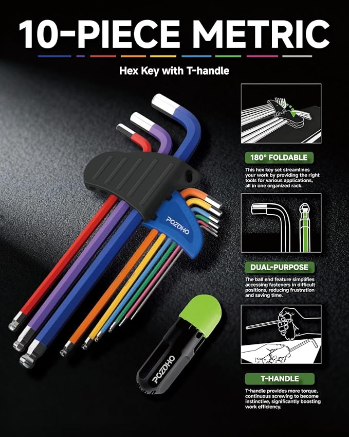 10-Piece Extra-Long Arm Metric(1.5-10mm) Hex Key Set | Color-Coded Ball End Allen Wrench with Torque Handle | Cr-V Steel, Anti-Rust for Motorcycle, Bike, Car & DIY, PTM01010A