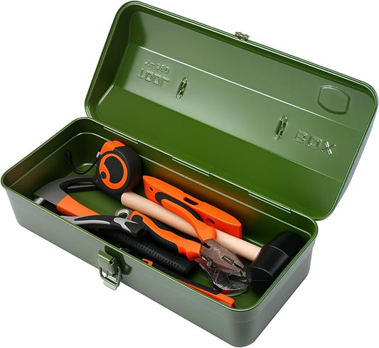 15 Inch Metal Tool Box with Lock - Portable Heavy Duty Workshop Tool Storage Case with Handle, Locking Hardware Organizer Box for Tools, Screws & Parts (Green)