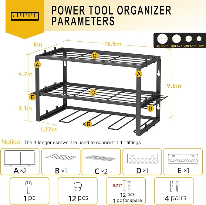 Spacecare Power Tool Organizer- Power Drill Tool Holder- Heavy Duty Tool Shelf & 1 Pack 3 Layers Tool Rack Cordless Drill Holder- Floating Tool Shelf Wall Mounted Tool Storage Rack for 4 Drill Holders