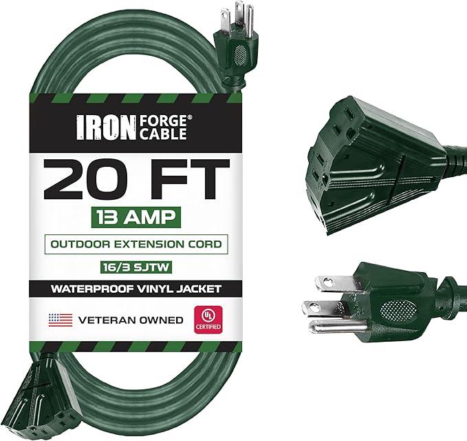 Iron Forge Cable 20ft Green Outdoor Extension Cord with 3 Outlets - 16/3 SJTW 20ft Extension Cord 3 Prong, 13 Amp All-Weather Heavy Duty Power Cable