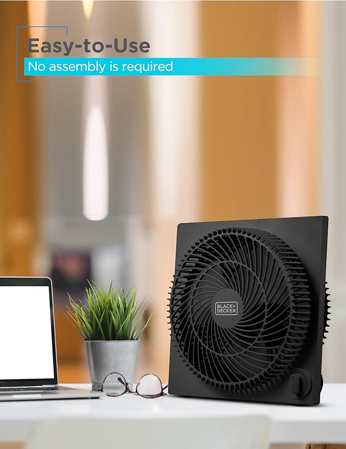 BLACK+DECKER 9-Inch Frameless Box Fan, Freestanding Desk Fan with 3-Speed Settings, Portable Fan for Home Office or Garage, BFB09B, Black