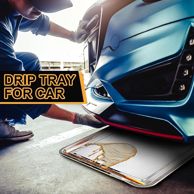 2 Pcs Stainless Steel Oil Drip Pan for Under Car 27.6 x 19.7 Inch Automotive Oil Change Pan Silver Rust Resistant Motorcycle Drip Tray Replacement Tray for Garage Floor
