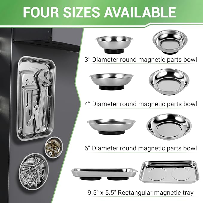 Magnetic Tray 4-Piece, Large Magnetic Parts Tray and Round Magnetic Parts Tray Set, Stainless Steel Heavy Duty 9.5" W x 5.5''L Square and 6" 4" 3"Round Tools Tray