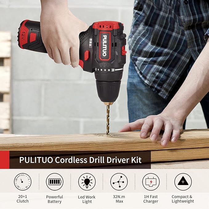 PULITUO Brushless Electric Drill Set,[Brushless Motor],12V Power Drill 310 In-lb Torque, 20+1 Clutch, 3/8" Keyless Chuck,45min Fast Charger, 2 Speed, LED Light for Home and DIY Project