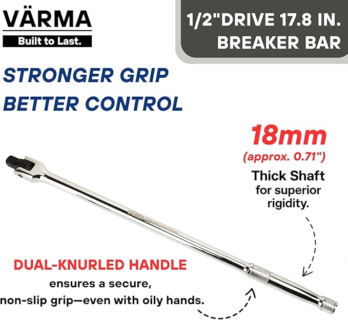 1/2-Inch Drive Breaker Bar, 18-Inch – Heavy Duty CR-MO Head & 18mm Thick Shaft – Dual-Knurled Non-Slip Grip, Constant Tension Flex Head, Premium Mirror Chrome Finish
