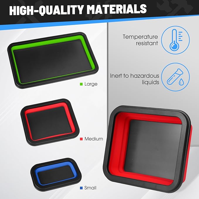 Collapsible Magnetic Parts Tray Set - 3 Different Size Tool Trays for Screw, Bolts, Nuts, Washers, Pins and Other Small Metal Parts, Mechanic Tool Gifts for Men - Red Blue Green