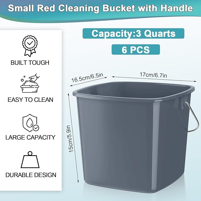 Zhehao 6 Pcs 3 Quart Bucket for Cleaning Small Sanitizer Bucket for Restaurant Square Plastic Pail with Handles for Home, Offices, Commercial Use, Food Service(Gray)