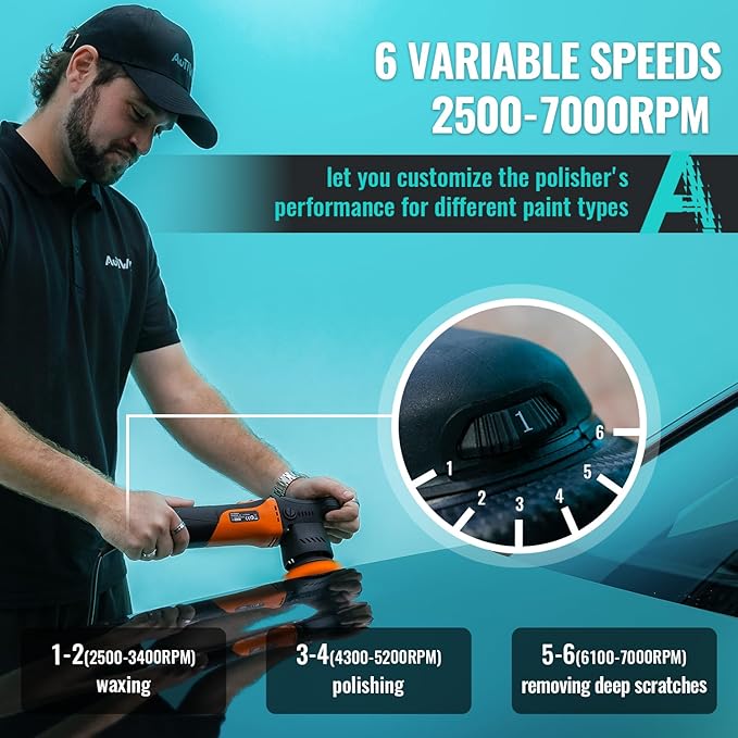 AUTIWOZ Mini Polisher, 2/3Inch Small Buffer Polisher, 630W with 12mm Random Orbital, Dual Action Car Polishers and Buffers for Car Detailing, Headlight Polishing, 2500-7000RPM with Soft Start, W02