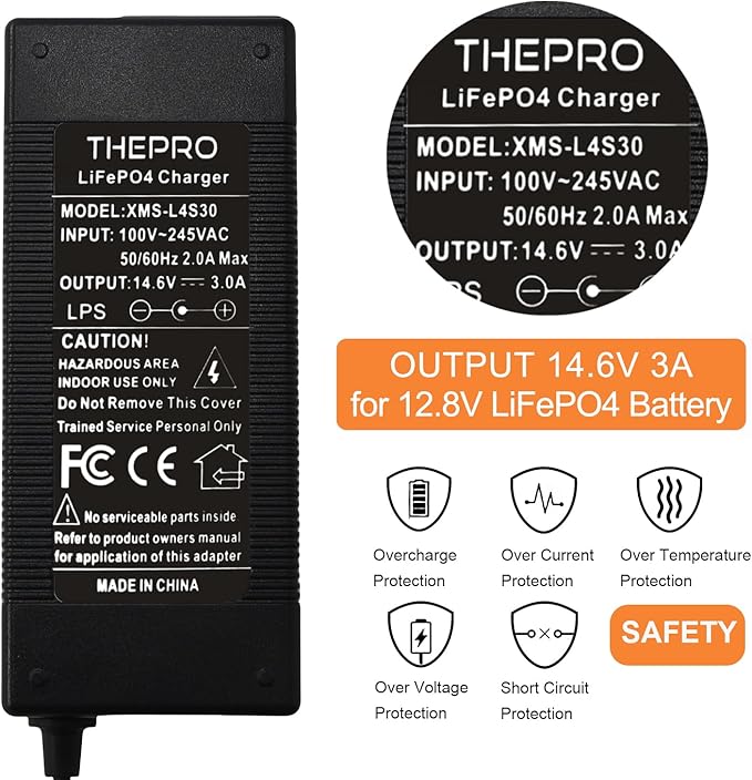THEPRO 12V 3Amp Lithium LiFePO4 Battery Charger, 14.6V Smart Charger, 12.8V Lithium Iron Phosphate Battery Maintainer