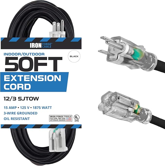 Iron Forge Cable Oil Resistant 12 Gauge Extension Cord 50 ft, 12/3 SJTOW 50 Foot Heavy Duty Extension Cord Outdoor 3 Prong, 15 Amp Power Cable Black Great for Major Appliance, Farms & Ranches