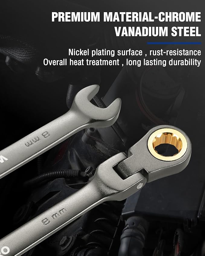 WORKPRO 8 mm Flex-Head Ratcheting Combination Wrench, Cr-V Constructed, Nickel Plating, 72-Teeth, 12 Point Design, Metric