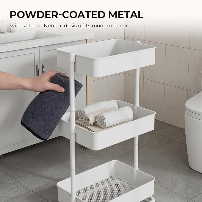 3 Tier Modern Metal Rolling Tool Cart with Silent Casters, 17.72×12.40×35.04 inch Heavy Duty Organization Truck Trolley Organizer for Office, Living Room, Kitchen, (White)