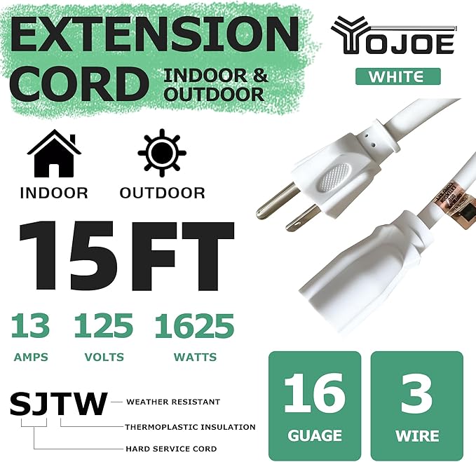 YOJOE Indoor Outdoor Extension Cord, 3 Prong 13A Weatherproof Power Cord, 16 Gauge Heavy Duty 15 ft White Extension Cord for Garage, Garden and Home, 16/3 SJTW UL Listed