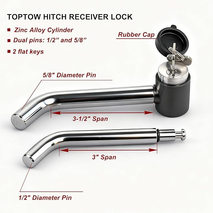 TOPTOW 63530 Trailer Hitch Receiver Lock, Right Angle Dual Pins 1/2" & 5/8" Diameter, Heavy Duty Bent Locking Pin, Chrome