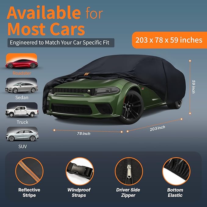 Waterproof Car Cover All-Weather, Heavy-Duty Outdoor Full Exterior Automobiles Snow Cover for Sedan/Coupe 194-203 inch with Sun Visor,Zippered & Storage Bag - Black