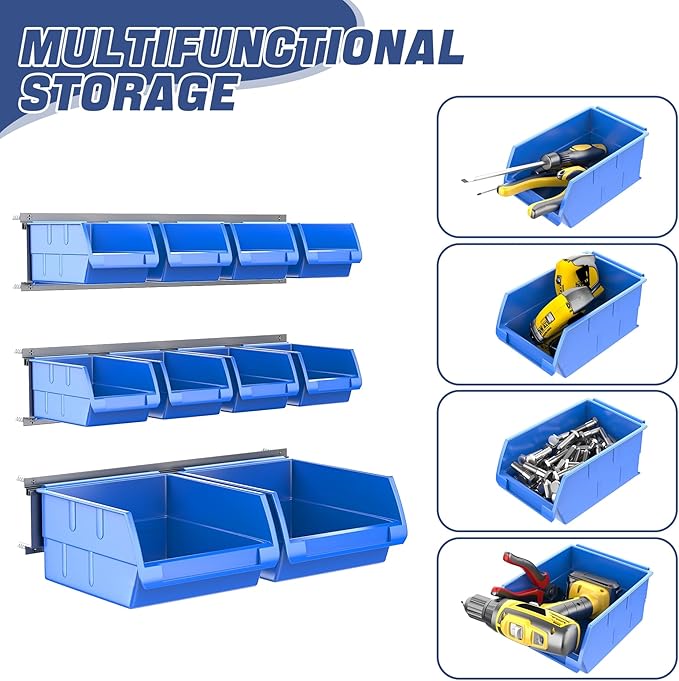 WALMANN Wall Mounted Storage Bins for Small Parts, 10 Bins with 3 Metal Rails, Plastic Wall Bins for Screws, Bolts, Nuts, Craft Room, Workshop, and Garage Storage Bins(Blue)