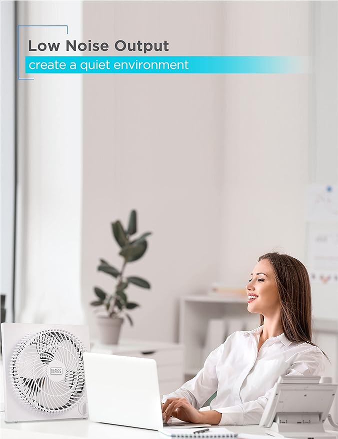 BLACK+DECKER 9-Inch Frameless Box Fan, Freestanding Desk Fan with 3-Speed Settings, Portable Fan for Home Office or Garage, BFB09W, White