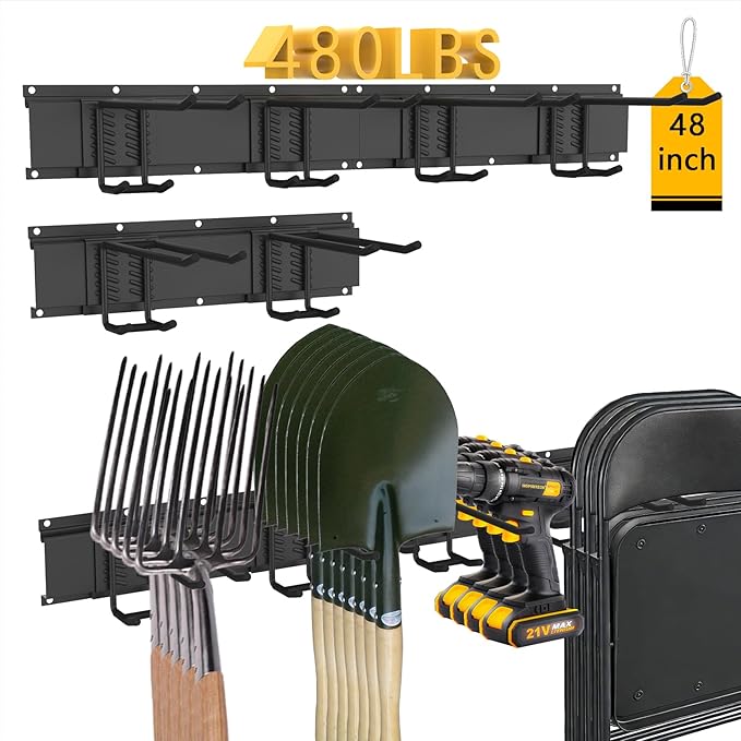 CBWLWJ 48 Inch Garage Tool Organizer Wall Mount - Heavy Duty 480 lbs Capacity Tool Rack with 6 Adjustable Bilayer Hooks, Wall Mounted Storage System for Garage, Shed, Workshop (Black)