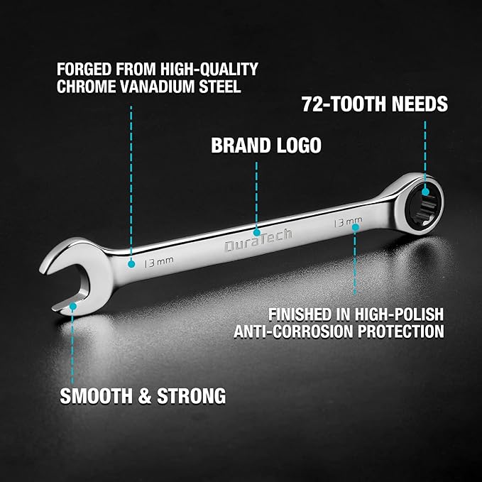DURATECH Ratcheting Wrench Set, Combination Wrench Set, Metric, 10-piece, 6-18mm, CR-V Steel, with Pouch