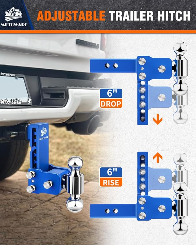 METOWARE Adjustable Trailer Hitches Fits 2 Inch Receiver, Adjustable Ball Mount with 6-Inch Drop/Rise (12,500 LBS GTW), Dual Ball (2" x 2-5/16") and Anti-Theft Stainless Steel Trailer Lock (Blue)