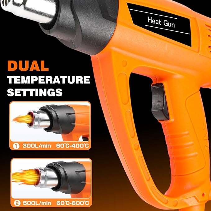 Heat Gun 1800W Heavy Duty Fast Heat Hot Air Gun Kit with 140℉-1112℉ （60℃-600℃） Dual-Temperature Settings and 5 Nozzles with Overheat Protection for Crafts, Shrinking PVC, Stripping Paint, Resin, DIY