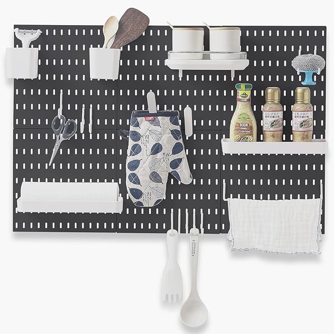 33"x22" Pegboard Combination Kit and 18 Accessories(Shelf Storage Bins Hook Brackets Clips) No Punching for Garage Kitchen Living Room Bathroom Office,Pegboard Wall Organizer (Black, 6)