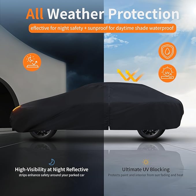 Waterproof Car Cover All-Weather, Heavy-Duty Outdoor Full Exterior Automobiles Snow Cover for Sedan up to 165 inch with Sun Visor,Zippered & Storage Bag - Black