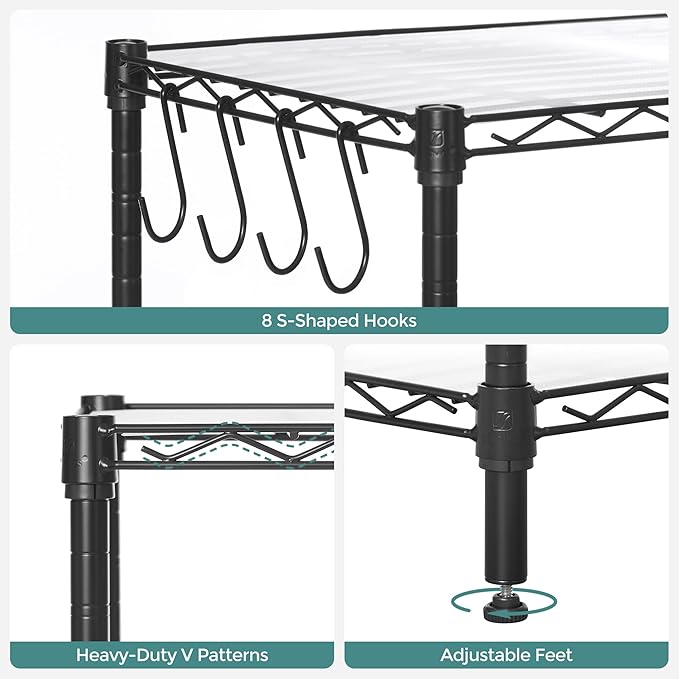 SONGMICS 5-Tier Storage Shelves, Wire Shelving Unit, Kitchen Metal Shelves, Storage Rack with Adjustable Shelves, Shelf Liners, 8 Hooks, for Garage, 11.8 x 35.4 x 63 Inches, Black ULGR095B01