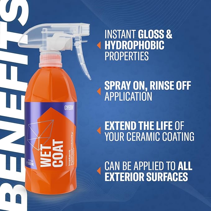 GYEON Wet Coat 500ml - Hydrophobic Ceramic Spray Coating for Cars - High Gloss Solutions for Your Car Paint Wheels and Glass - Spray On Rinse Off Easy DIY Use Formula (Pack of 2)