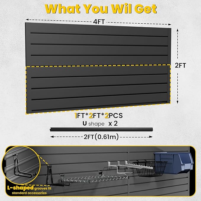 Slat Wall Paneling 4x2 FT, PVC Slat Wall Panels with 8 Hooks Heavy-Duty Garage Organization System, Slatwall Pegboard Suitable for Home、Garage、Shop Wall Display & Organization (Black)