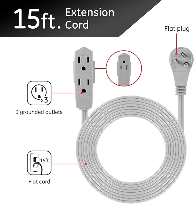 GE 3-Outlet Flat Extension Cord 15 Ft Grounded Extension Cord with Multiple Outlets 3 Prong Outlet Extender Flat Plug Power Strip Indoor 16 Gauge UL Listed Gray 43026