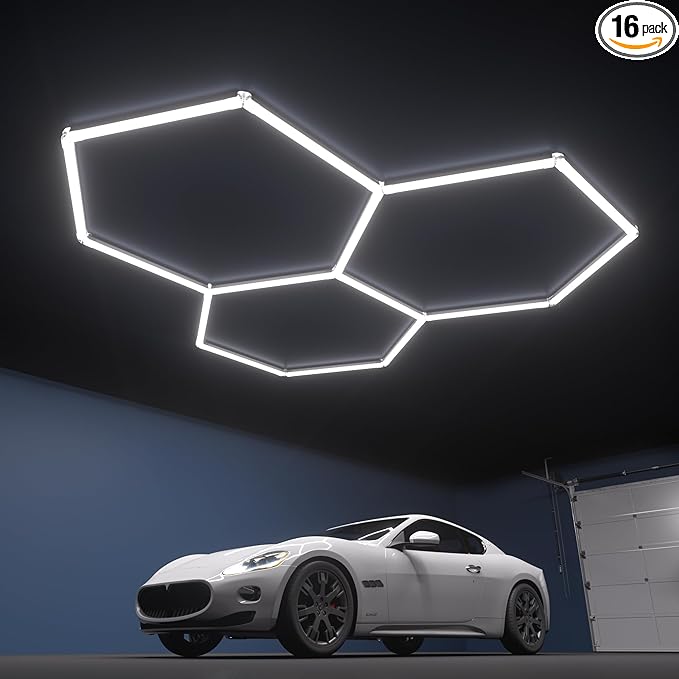 Hexagon Garage Lights, 3-HEX Updated Bigger Size, 19200lm Super Bright Car Detailing Ceiling, Led Hexagon Lights, Honeycomb Lights for Detailing, Home Gym, DIY Workspace, Basement Garage