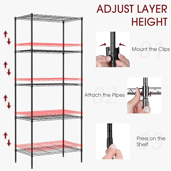 Large Wire Shelving Unit 5-Tier Metal Storage Shelves Heavy Duty Garage Shelving Adjustable Storage Shelf Rack with Leveling Feet for Home Kitchen Garage, 14" Dx23.8 Wx60 H, Black