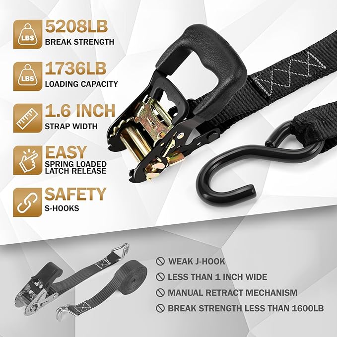 Heavy Duty Ratchet Straps with Hook - 1.6 Inch x 8 FT (5208 LB Break Strength) Tie Down Straps with S Hooks & Soft Loops, for Trucks, Cargo, Moving and Appliances（Black/4 Pack）