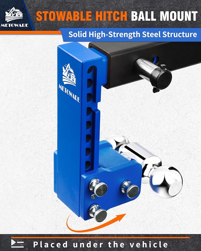 METOWARE Adjustable Trailer Hitches Fits 2 Inch Receiver, Adjustable Ball Mount with 8-Inch Drop/Rise (12,500 LBS GTW), Dual Ball (2" x 2-5/16") and Anti-Theft Stainless Steel Trailer Lock (Blue)